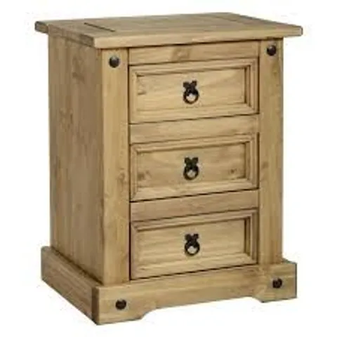 BOXED CORONA 3 DRAWER BEDSIDE CABINET IN DISTRESSED WAXED PINE (1 BOX)