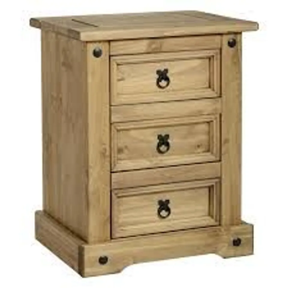 BOXED CORONA 3 DRAWER BEDSIDE CABINET IN DISTRESSED WAXED PINE (1 BOX)