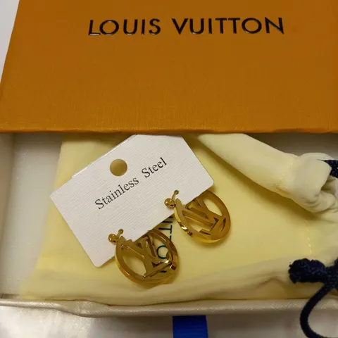 BOXED LOUIS VUITTON STAINLESS STEEL HOOP BRANDED EARRINGS WITH LV LOGO