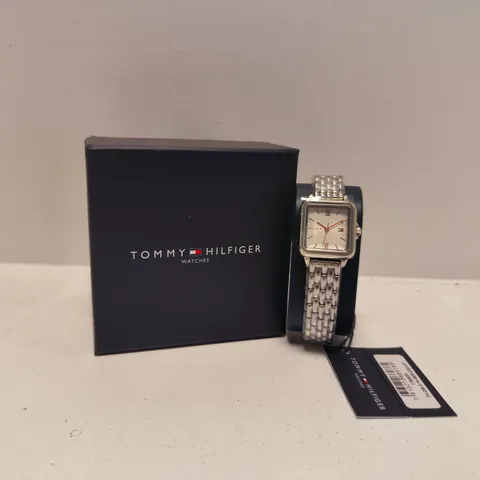 BOXED TOMMY HILFIGER LADIES MIA SQUARE DIAL STAINLESS STEEL BRACELET WATCH