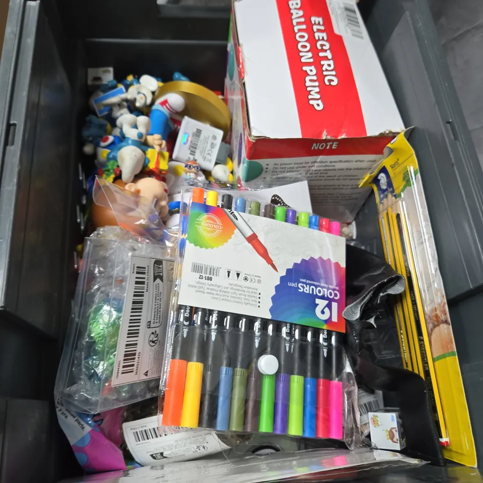BOX OF ASSORTED TOYS INCLUDING ERASERS & PENCIL SET, FREDDY'S FUN 2 YOU FIGURE, MARKERS, AND ELECTRIC BALLOON PUMP