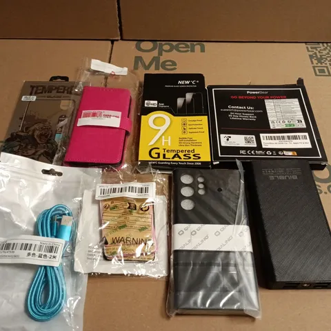 TOTE OF ASSORTED PHONE ACCESSORIES TO INCLUDE PHONE CASES, CHARGERS AND TEMPERED GLASS