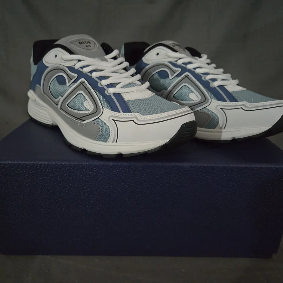 BOXED PAIR OF DIOR B30 MICROFIBER MESH SHOES IN LIGHT BLUE/WHITE/BLUE/GREY EU SIZE 42