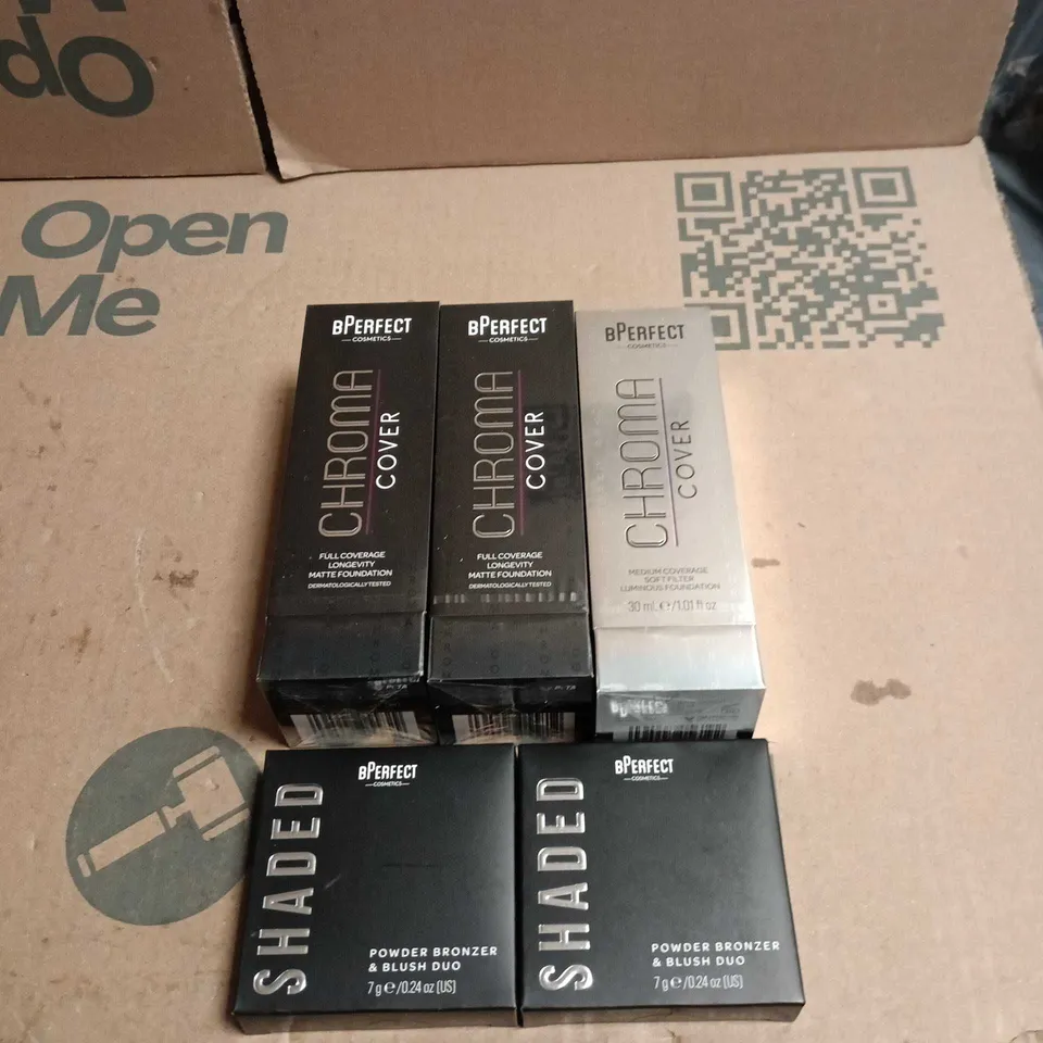 5 X ASSORTED BPERFECT COSMETIC ITEMS TO INCLUDE MATTE FOUNDATION, POWDER BRONZER AND BRUSH DUO ETC