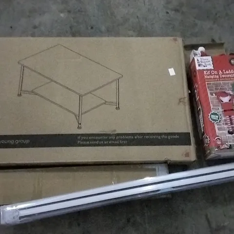 PALLET OF ASSORTED ITEMS INCLUDING CHRISTMAS DECORATION, ROLLER BLIND, BED RAILS, SELECT MIRROR, WORK DESK