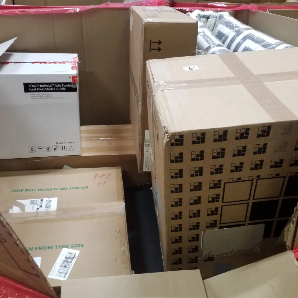 PALLET CONTAINING ASSORTED PRODUCTS INCLUDING KNEE WALKER, LED CEILING FAN LIGHT, CORSAIR K70 RGB PRO KEYBOARD, DRYWALL CUTTING TOOL & SINGLE SINK BOWL