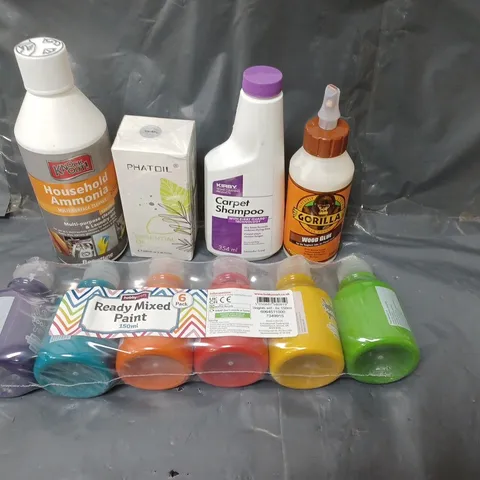 BOX OF APPROXIMATELY 20 ASSORTED HOUSEHOLD ITEMS TO INCLUDE READY MIXED PAINT, CARPET SHAMPOO AND GORILLA WOOD GLUE
