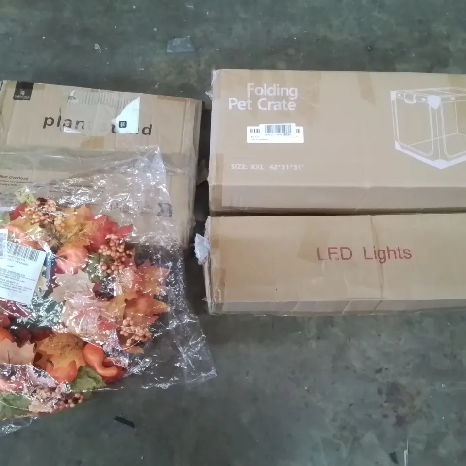 PALLET CONTAINING ASSORTED PRODUCTS INCLUDING FOLDING PET CRATE, AUTUMN WREATH, LED LIGHTS & PLANT STAND