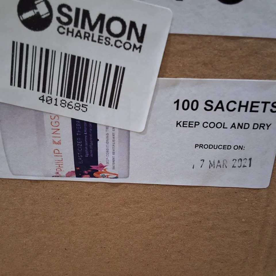 BOX CONTAINING 100 PHILIP KINGSLEY ELASTICIZER THERAPIES DEEP-CONDITIONING TREATMENT SACHETS - EXP 03 2024 