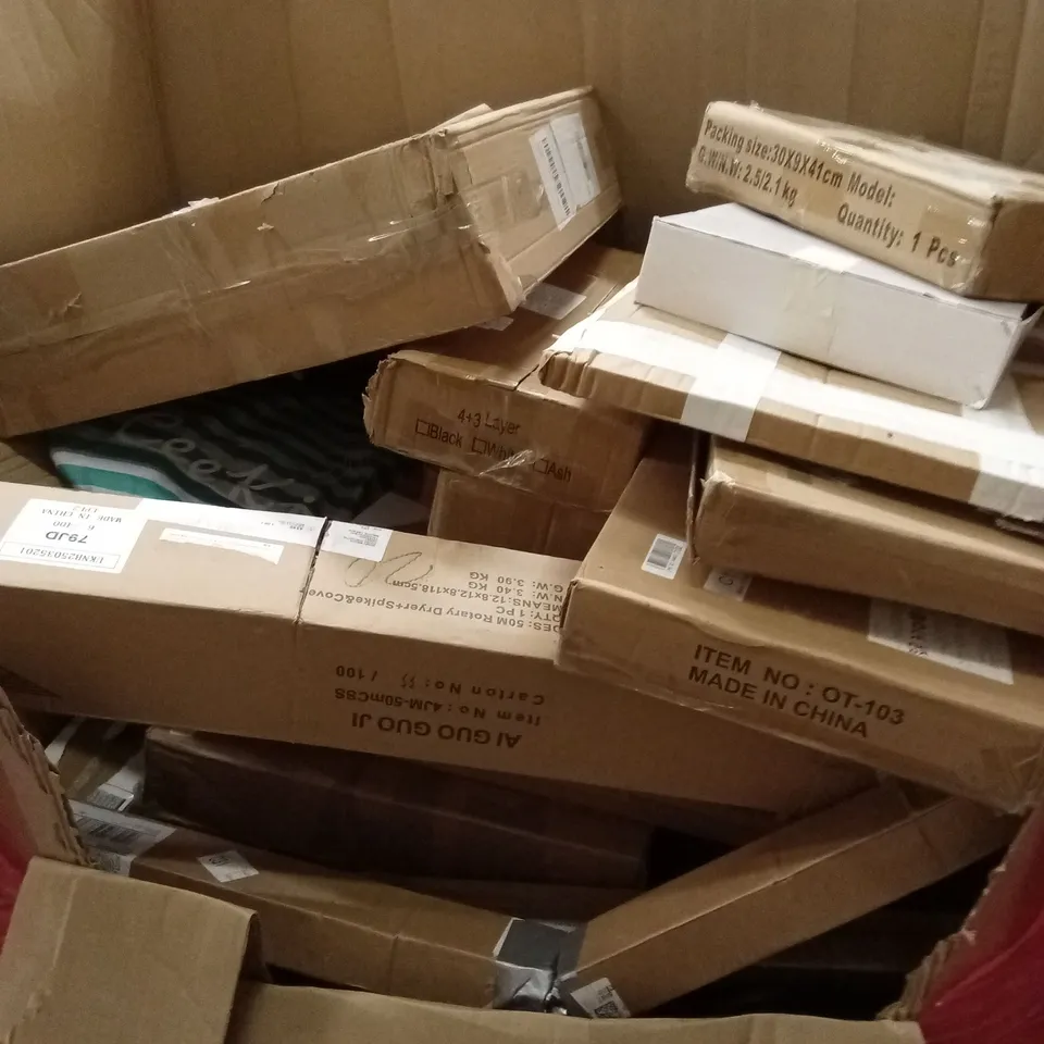 PALLET OF ASSORTED HOUSEHOLD GOODS AND PRODUCTS TO INCLUDE; MOSQUITO NET, TOILET SEATS, TRAMPOLINE, BOXED FURNITURE ETC 