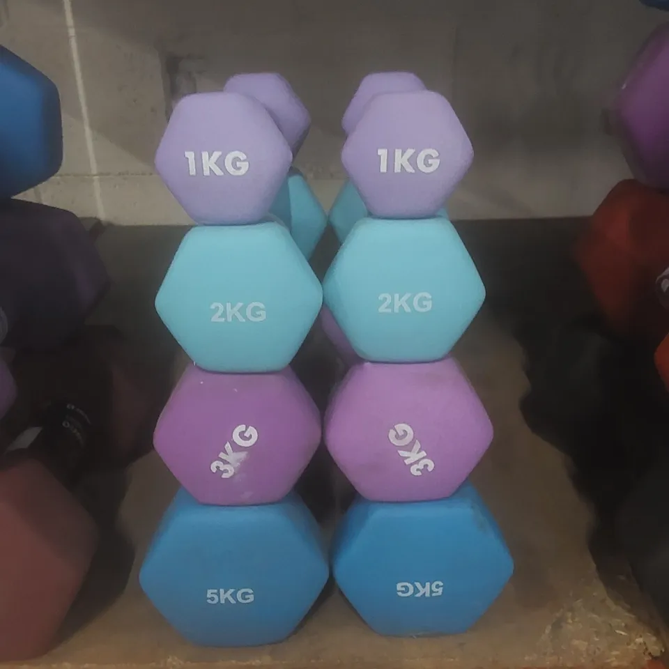 SET OF 8 KAYMAN DUMBBELLS - COLOURS VARY // 2 X 5KG, 3KG, 2KG, 1KG