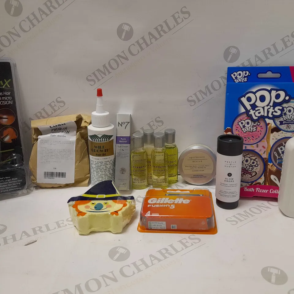 LOT OF APPROX 10 ASSORTED BATH & BODY PRODUCTS TO INCLUDE POP TARTS BATH FIZZERS, WILD GROWTH HAIR OIL, NO7 RETINOL EYE CREAM, ETC