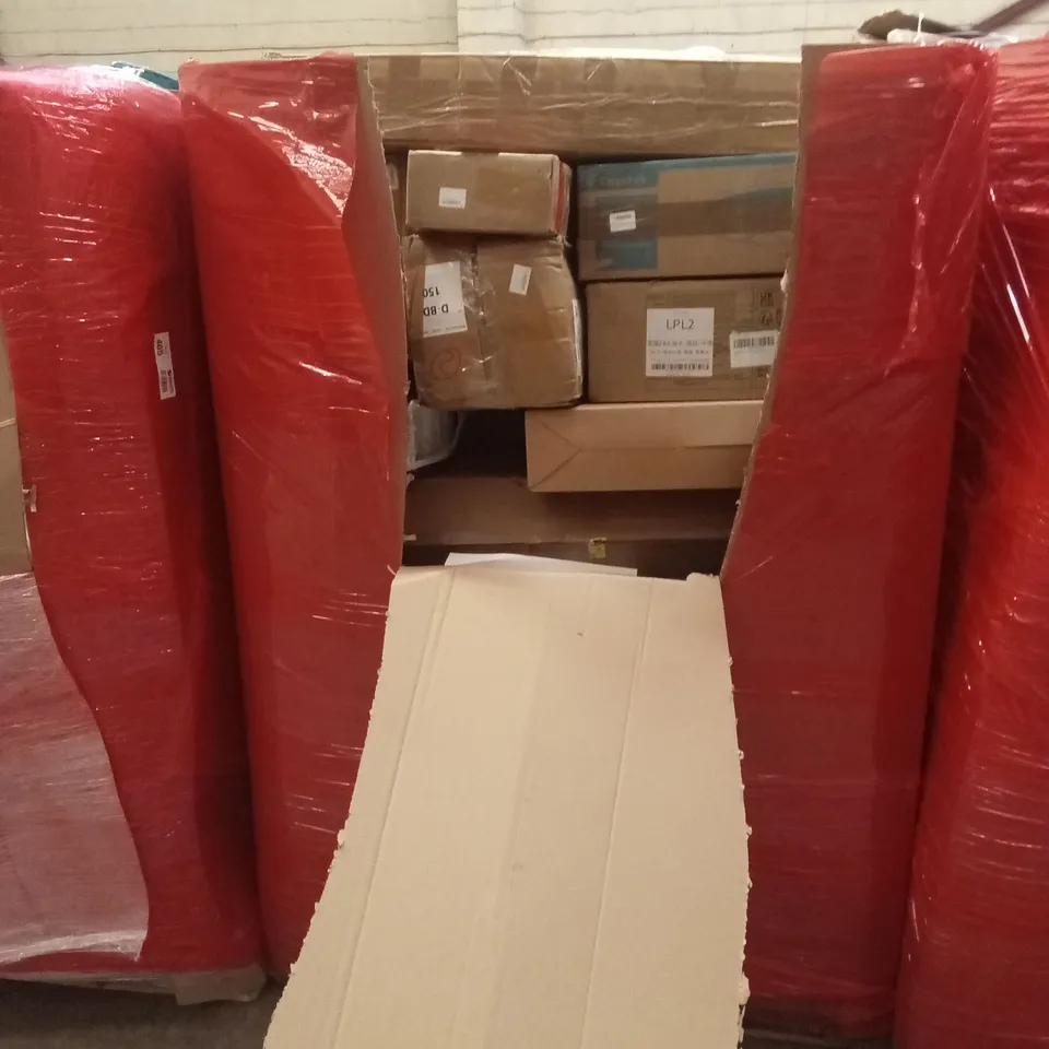 PALLET OF ASSORTED HOUSEHOLD GOODS AND PRODUCTS TO INCLUDE; PANDA PILLOW, CEILING FAN WITH LIGHT, KIDS TRAMPOLINE ETC
