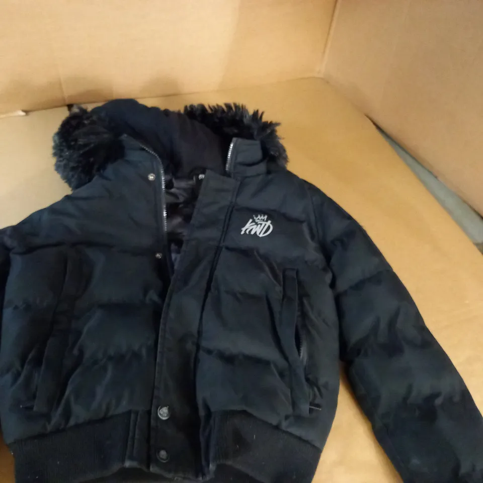 BLACK KIWI HOODED PUFFER JACKET SIZE 12