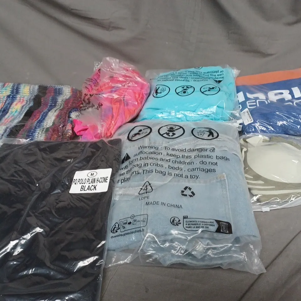 BOX OF ASSORTED CLOTHING ITEMS IN VARIOUS COLOURS, SIZES AND STYLES
