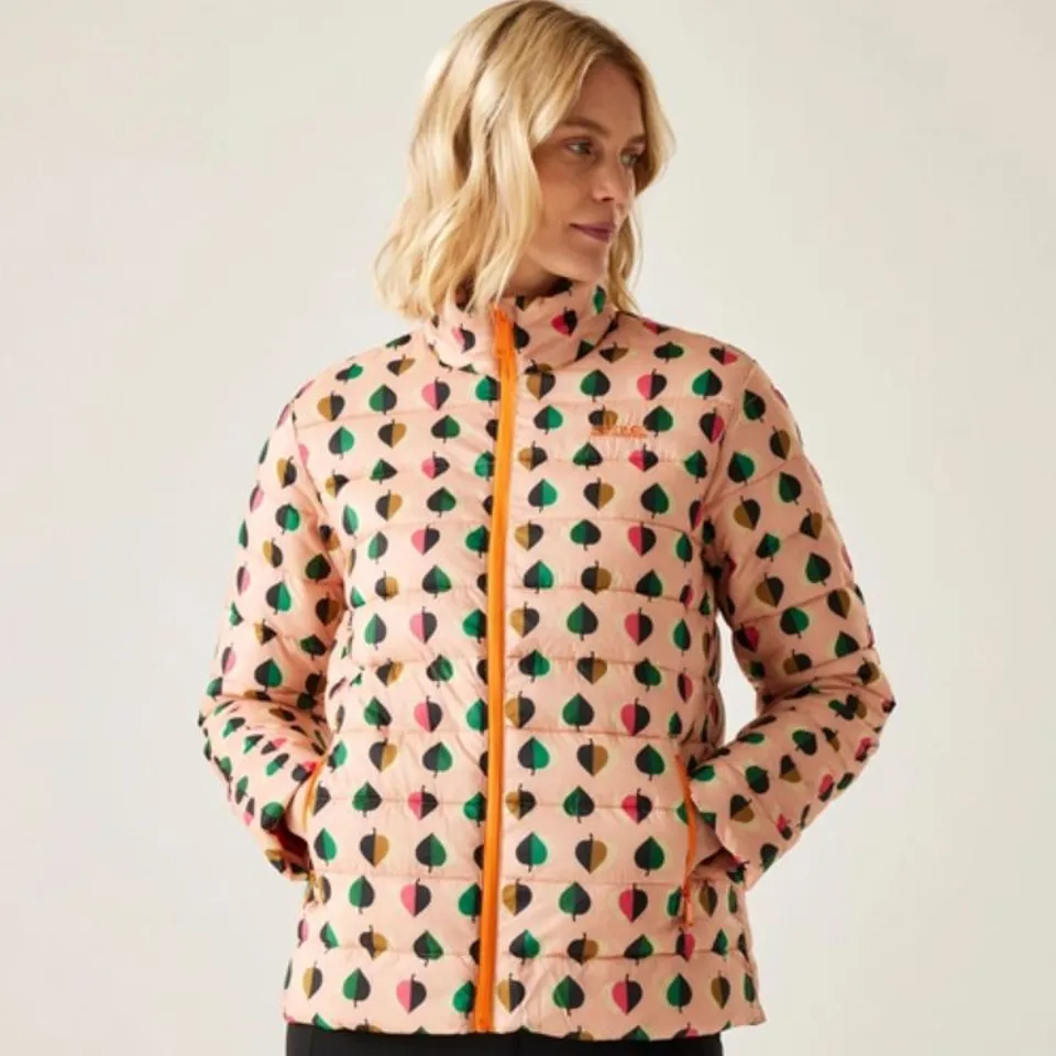 APPROXIMATELY 15 BRAND NEW REGATTA WOMENS ORLA KIELY PRINTED BAFFLE JACKET IN ELM PINK