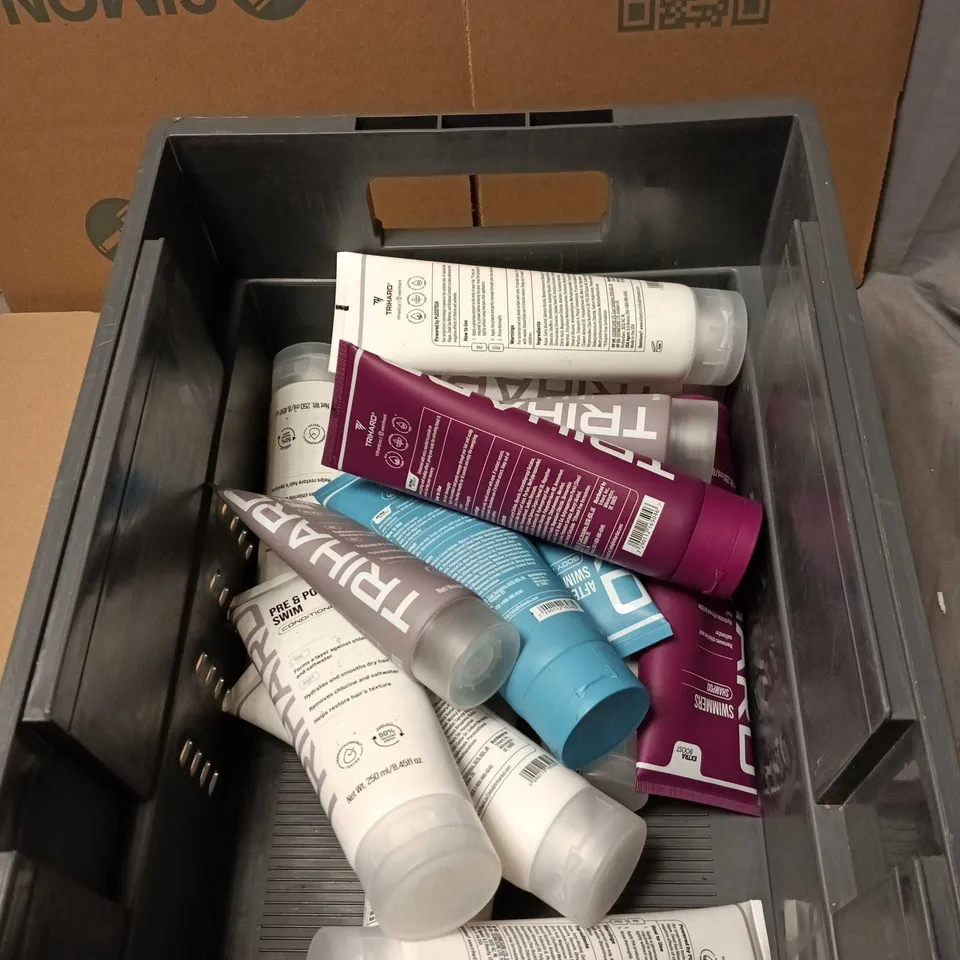 APPROXIMATELY 14 X TRIHARD SWIMMERS COSMETIC ITEMS TO INCLUDE SHAMPOO, BODY WASH ETC "REMOVES CHLORINE AND SALTWATER"
