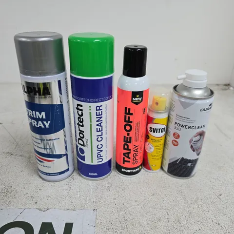 TOTE OF APPROXIMATELY 12 ASSORTED AEROSOL PRODUCTS TO INCLUDE UPVC CLEANER, TAPE OFF SPRAY, POWER CLEAN 350, TRIM SPRAY ETC