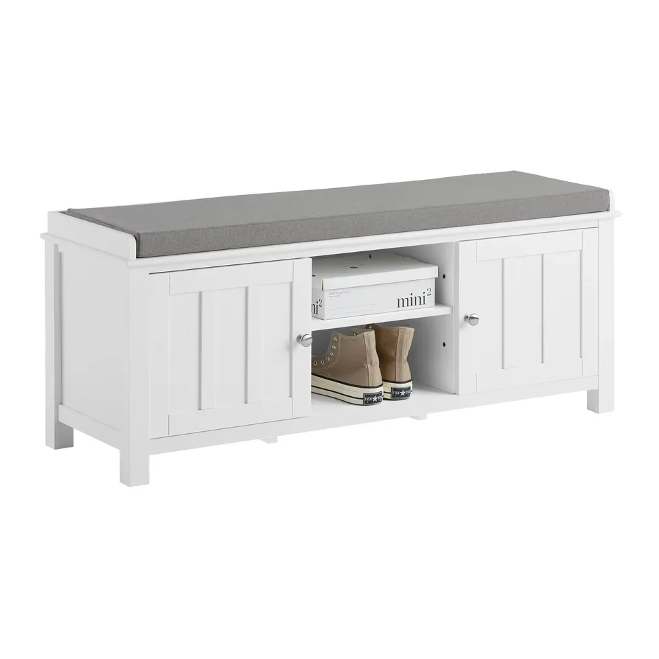 BOXED SOBUY FSR35-W, STORAGE BENCH WITH 2 DOORS & REMOVABLE SEAT CUSHION, SHOE CABINET SHOE BENCH, WHITE