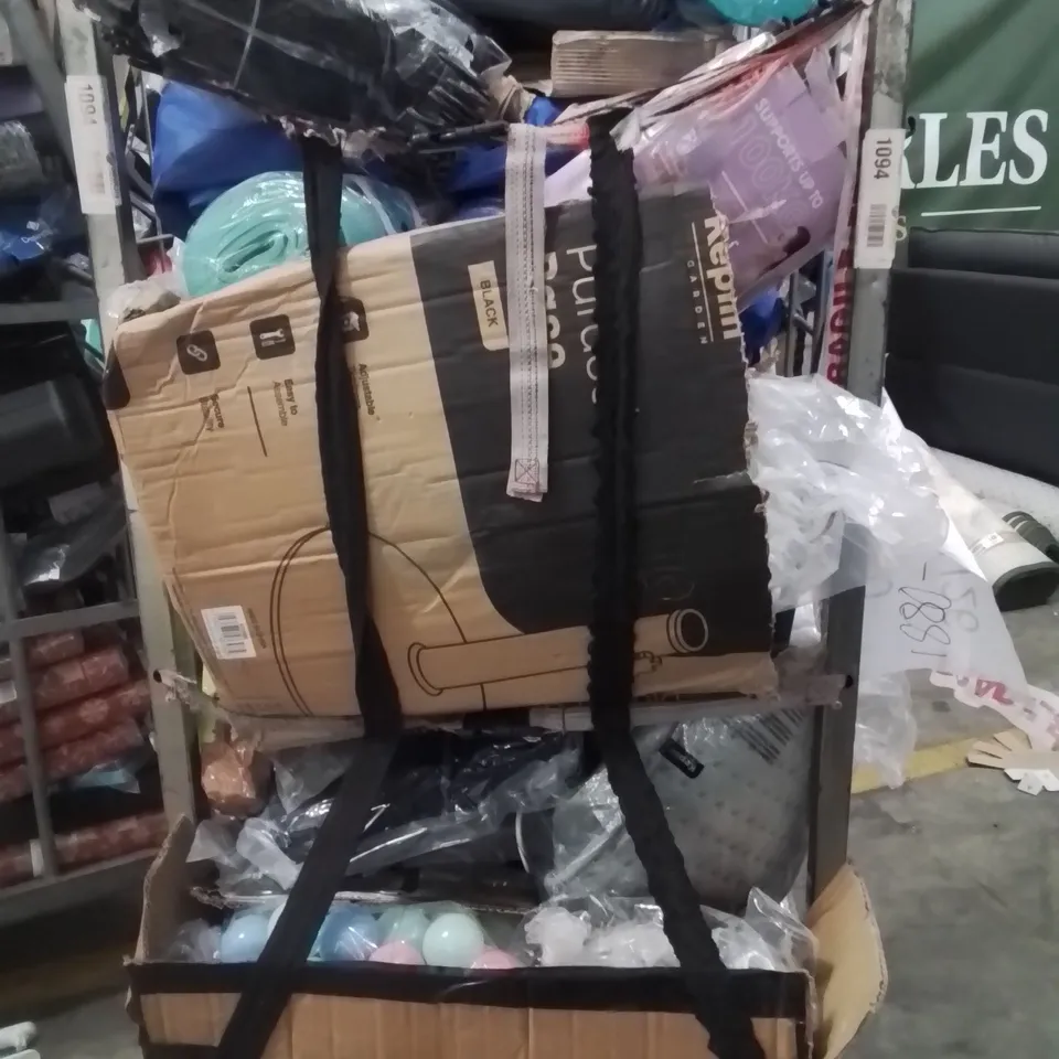 CAGE OF ASSORTED HOUSEHOLD GOODS AND PRODUCTS TO INCLUDE;PLAYPEN,HOT WATER BOTTLE,RAKE