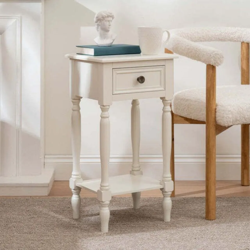 BOXED IVORY SIDE TABLE WITH DRAWER (1 BOX)
