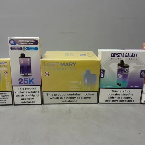 APPROXIMATELY 15 ASSORTED E-CIGARETTE PRODUCTS TO INCLUDE - LOST MARY ,CRYSTAL GALAXY , AROMA KING ETC