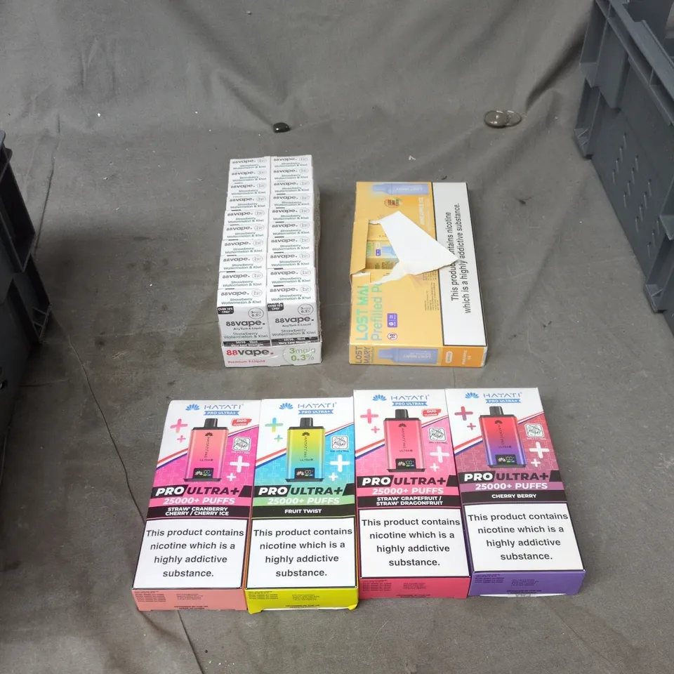 TOTE OF APPROXIMATELY 25 ASSORTED ELECTRONIC CIGARETTE ITEMS TO INCLUDE: 88 VAPE STRAWBERRY AND WATERMELON LIQUID 3MG