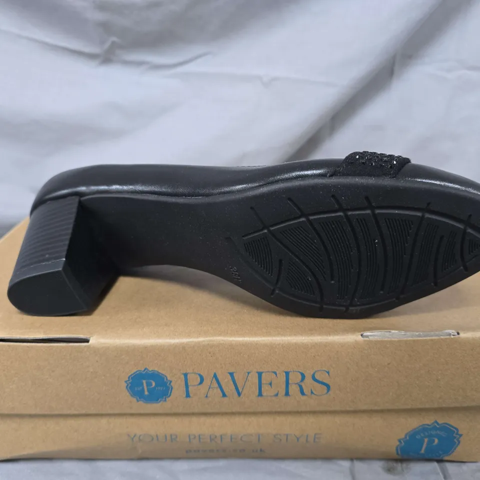 BOXED PAIR OF PAVERS HEELED OPEN TOP SHOES IN BLACK - SIZE 5