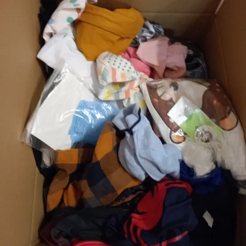 LARGE BOX OF ASSORTED KIDS CLOTHING ITEMS TO INCLUDE BAGS, BABY GROWS AND DRESSES