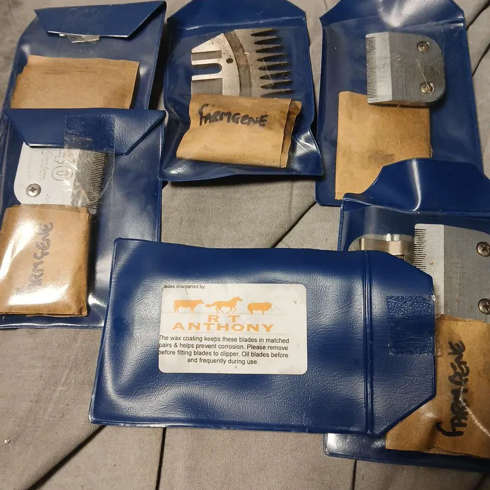 SIX BLUE POUCHES CONTAINING METAL BLADE ATTACHMENTS RT ANTHONY BRAND