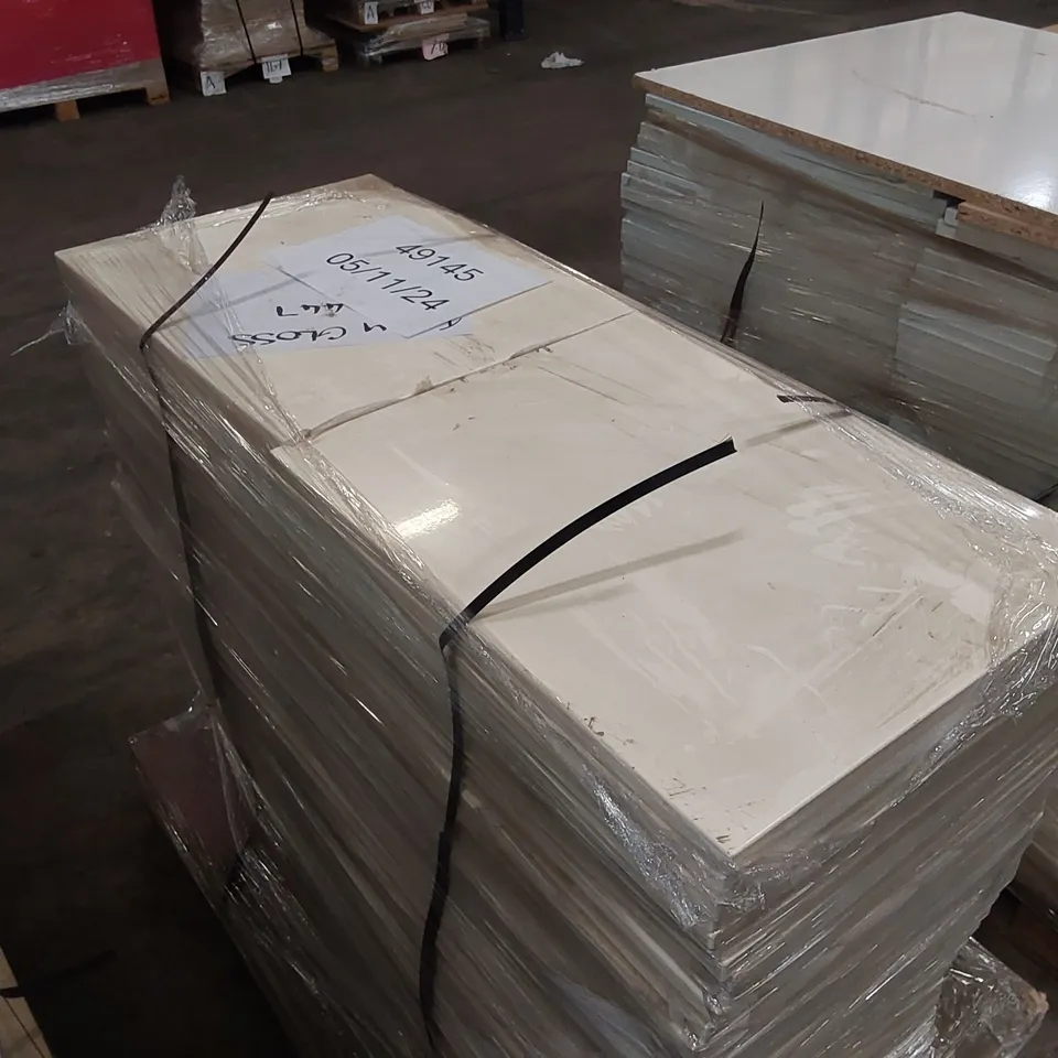 PALLET OF APPROXIMATELY 80 BRAND NEW IVORY CREAM GLOSS KITCHENS/BEDROOM REPLACEMENT CABINET DOOR/DRAWER/END PANELS IN ASSORTED SIZES TO INCLUDE;