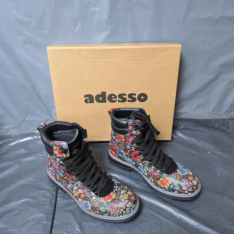 BOXED PAIR OF ADESSO FLORAL BOOTS SIZE 39