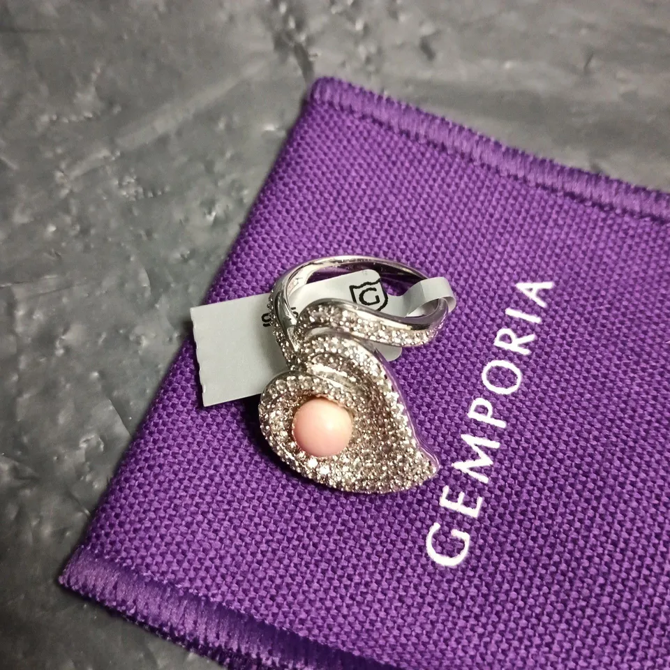 GEMPORIA RING WITH PINK CABOCHON CENTRE AND PAVÉ SURROUND