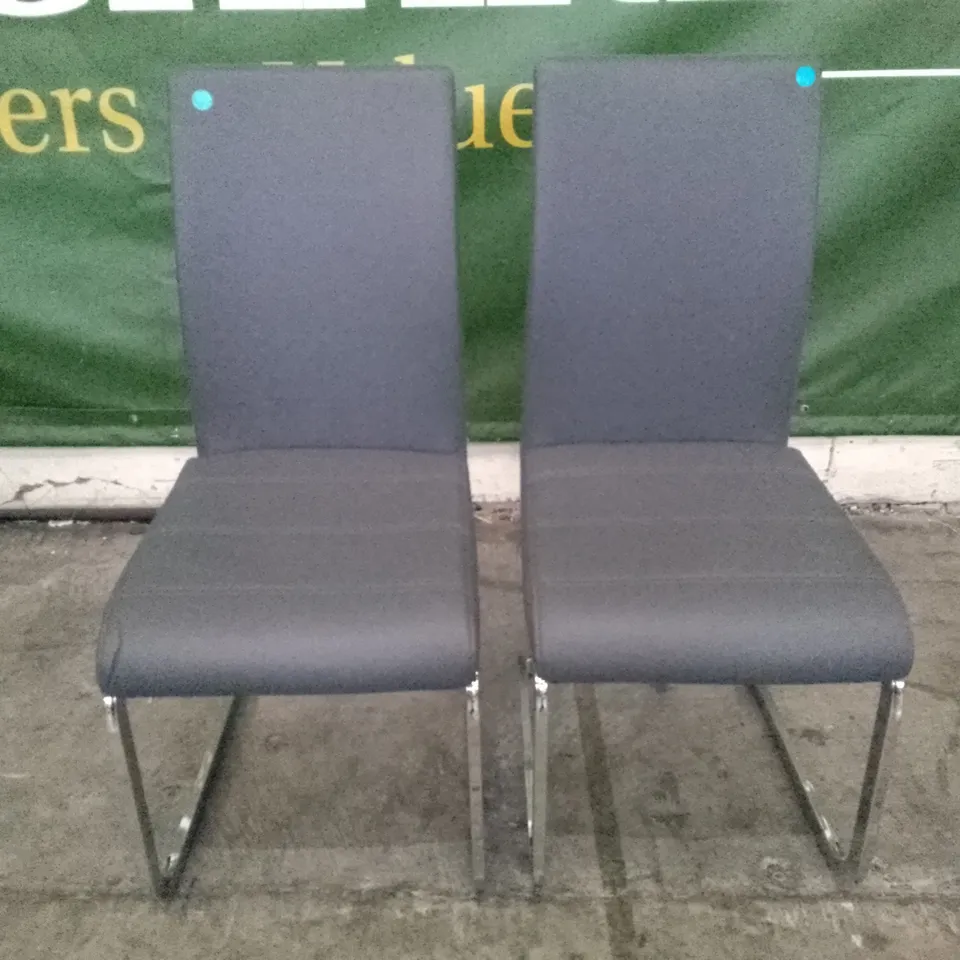 SET OF 2 NEW PERTH GREY LEATHER DINING CHAIRS (CHROME LEG)