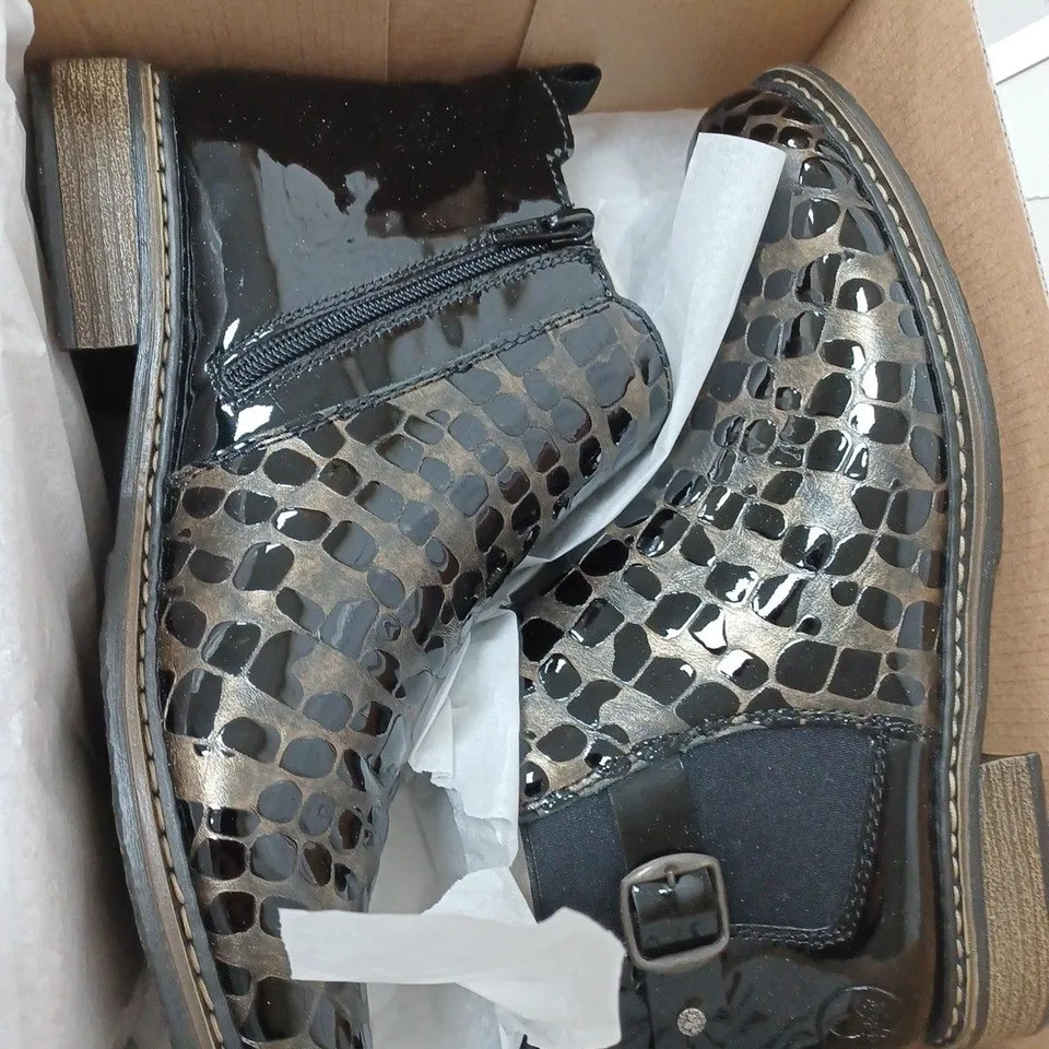 BOXED RIEKER METALLIC ANKLE BOOTS, BRONZE - SIZE 6.5