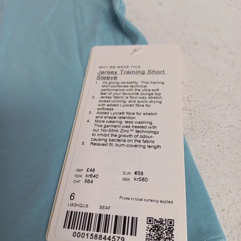 LULULEMON JERSEY TRAINING SHORT SLEEVE TOP – LIGHT BLUE, WOMEN'S UK 10 (US 6)