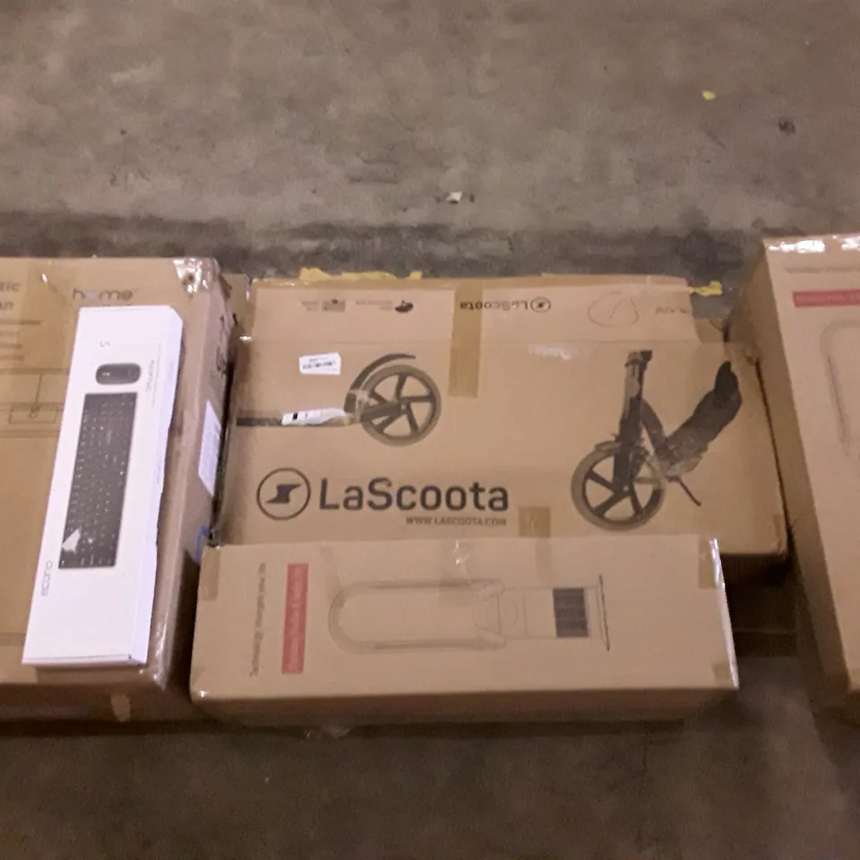 PALLET OF ASSORTED PRODUCTS INCLUDING AUTOMATIC TRASH CAN, KEYBOARD & MOUSE SET, BLADLESS PURIFIER & HEATER FAN, LASCOOTA SCOOTER  