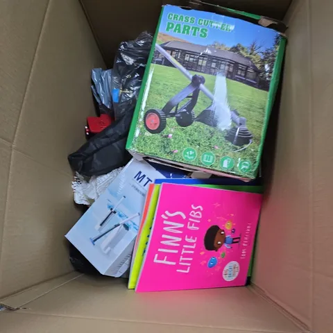 BOX OF APPROXIMATELY 15 ASSORTED ITEMS INCLUDING GRASS CUTTER PARTS , CHILDRENS BOOKS AND NEW FASHION KNITTING WOOL