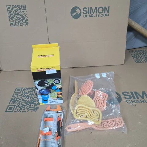 BOX OF APPROXIMATELY 10 HOUSEHOLD ITEMS TO INCLUDE HAIRBRUSHES, DOG WATER BOTTLE AND A MINI TOOL SET