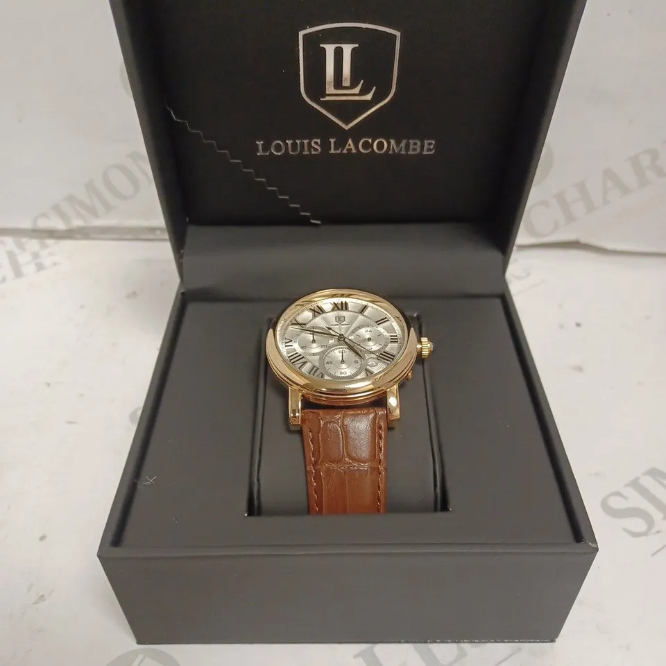 MENS LOUIS LACOMB WATCH WITH ROMAN NUMERALS  – SUB DIALS WITH DATE – STAINLESS STEEL FACE – LEATHER STRAP – 3ATM WATER RESISTANT 