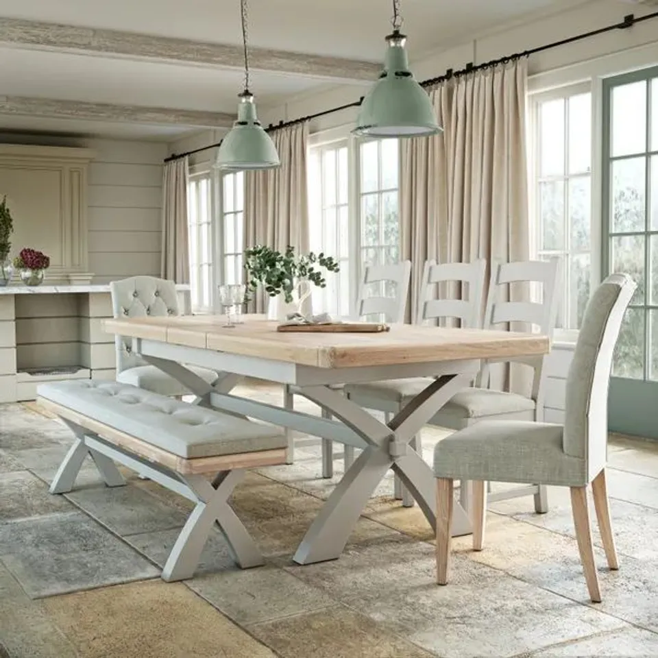 BOXED SALCOMBE 6-8 SEATER CROSS LEG EXTENDABLE DINING TABLE - STONE (1 BOX)