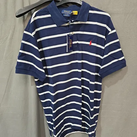 POLO RALPH LAUREN CUSTOM SLIM FIT STRIPED POLO SHIRT – NAVY & WHITE, MEN’S