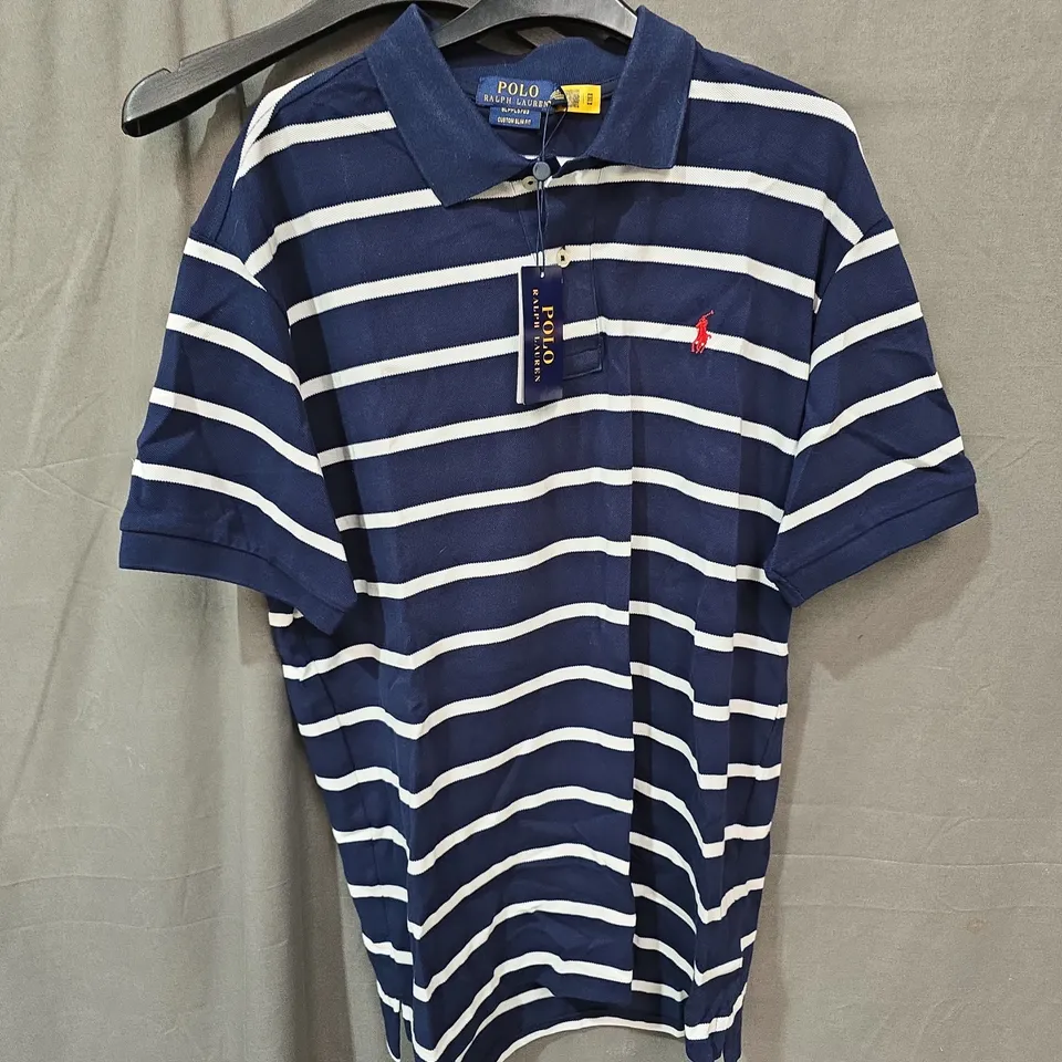 POLO RALPH LAUREN CUSTOM SLIM FIT STRIPED POLO SHIRT – NAVY & WHITE, MEN’S