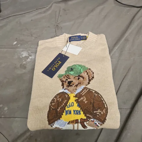 POLO RALPH LAUREN BEIGE KNIT JUMPER WITH BEAR NY LOGO UK SIZE S