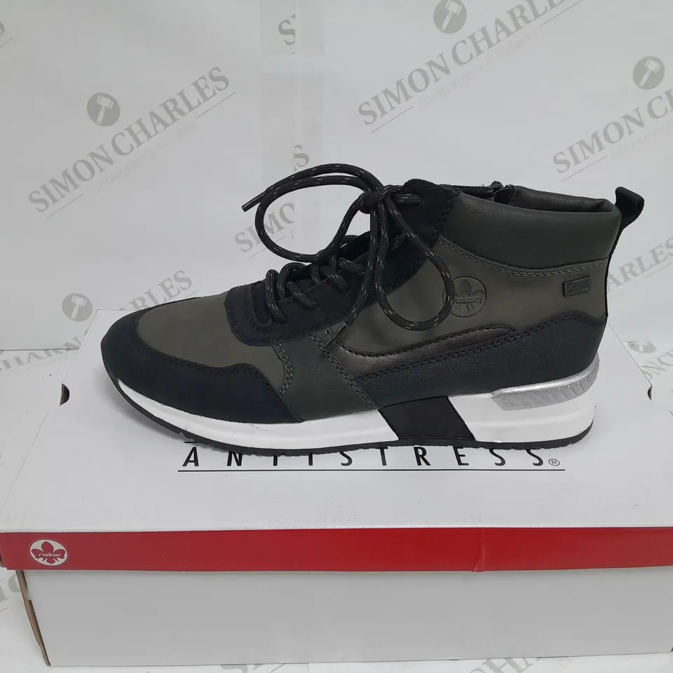 BOXED PAIR OF RIEKER HIGH TOP TRAINER BOOTS, KHAKI - SIZE 6