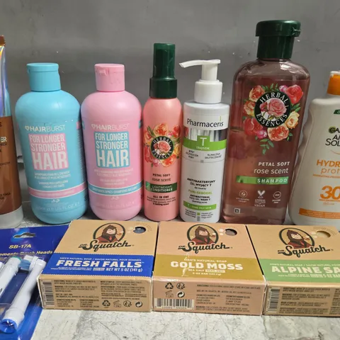 APPROX 12 ASSORTED BEAUTY PRODUCTS TO INCLUDE HAIRBURST SHAMPOO, HERBAL ESSEENCES CONDITIONER, SQUATCH SOAP BARS, ETC 