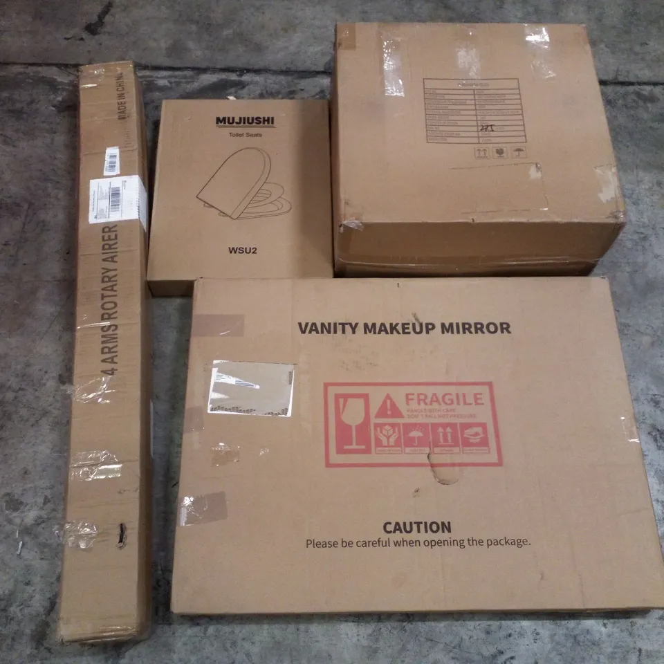PALLET CONTAINING ASSORTED PRODUCTS INCLUDING VANITY MAKEUP MIRROR, GREY STANDING HEATER, TOILET SEAT & 4 ARMS ROTARY AIRER