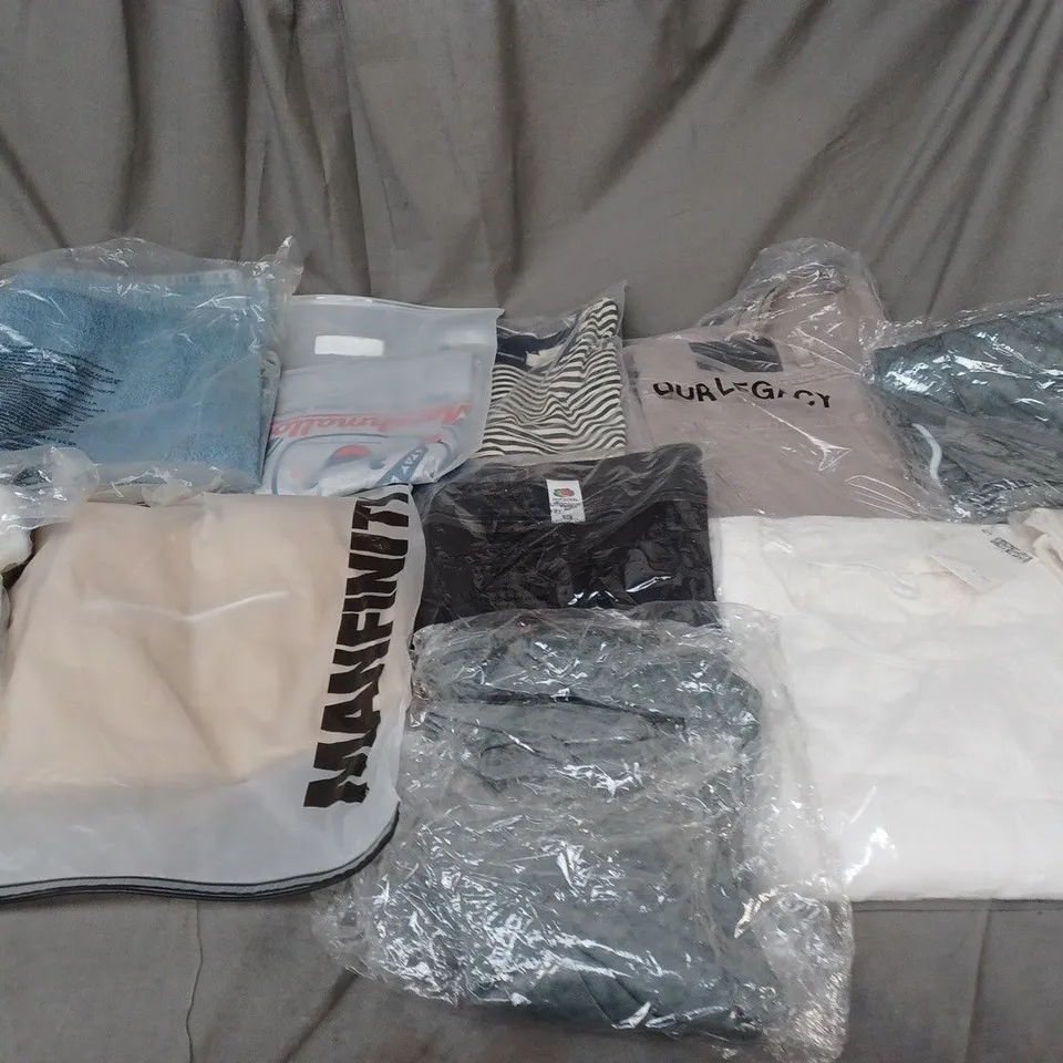 BOX OF ASSORTED CLOTHING ITEMS IN VARIOUS COLOURS, SIZES AND STYLES