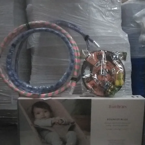 PALLET OF ASSORTED ITEMS INCLUDING, FLAMES N GAMES HULA HOOPS, BABYBJORN BABY BOUNCER AND CHILDRENS GAMES