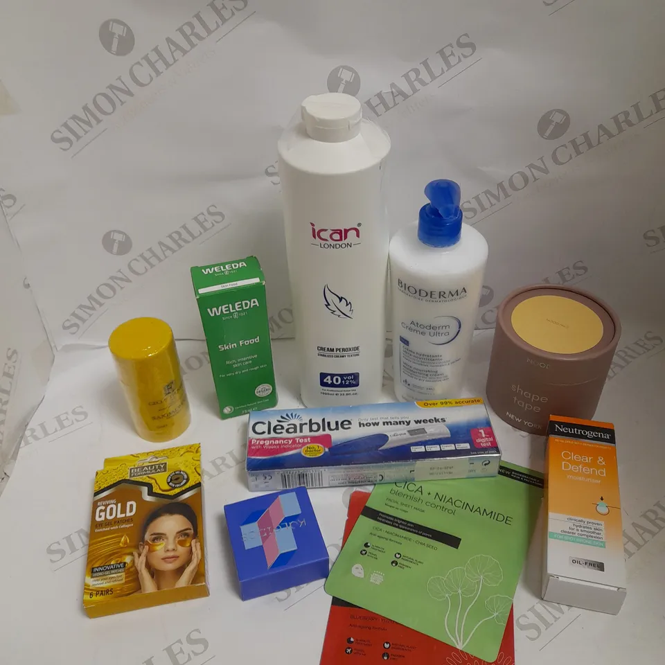 BOX OF APPROXIMATELY 20 ASSORTED HEALTH AND BEAUTY ITEMS TO INCLUDE ICAN CREAM PEROXIDE, WELEDA SKIN FOOD, NOOD SHAPE TAPE ETC